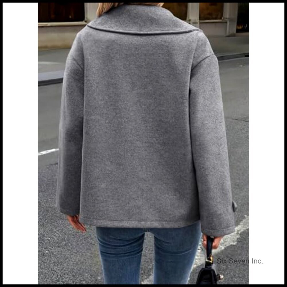Wool Blend Pea Coat Cropped Blazer Jacket Loose Fit Double Breasted - Picture 4 of 6